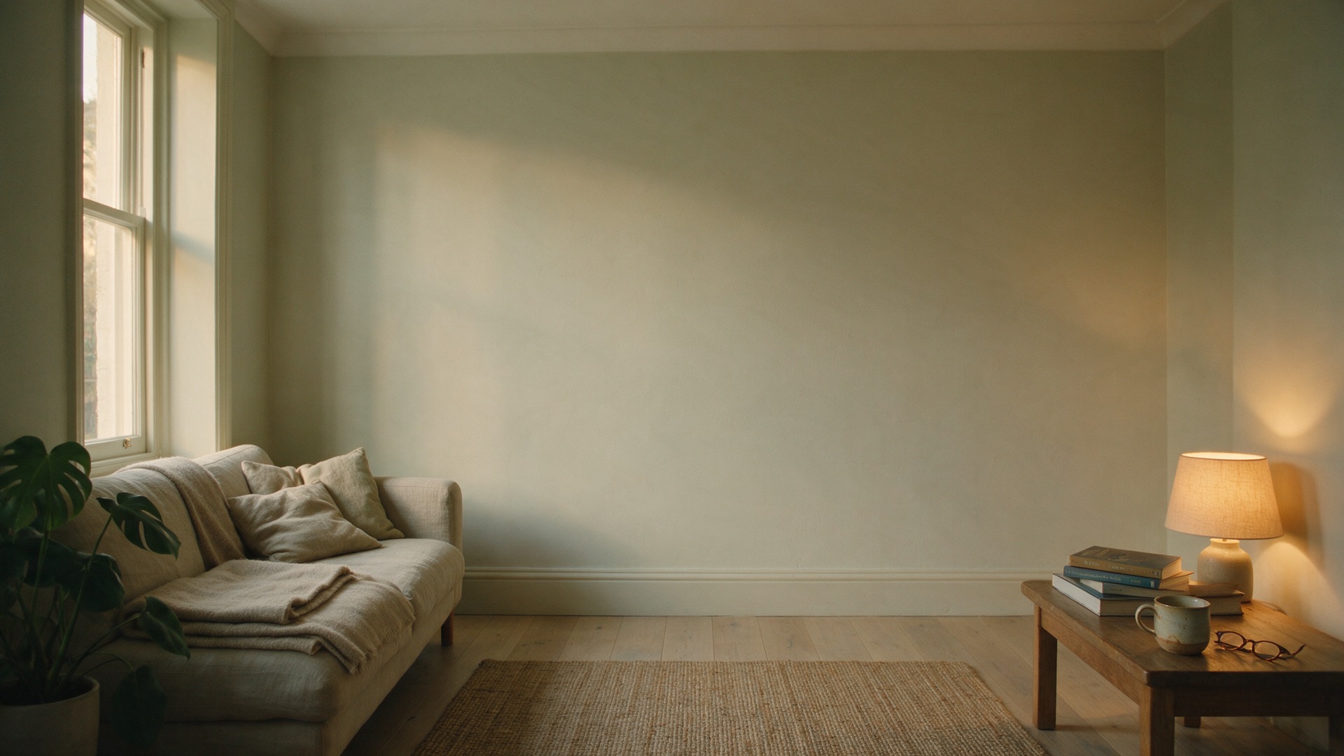 A living room at dusk with a lamp lit