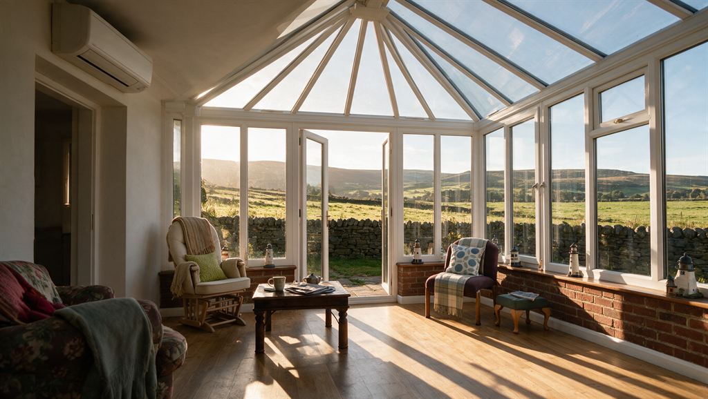 A conservatory in late afternoon sun, a slim wall-mounted air conditioning unit high on the wall, dry stone walls and Dales fields through the glass