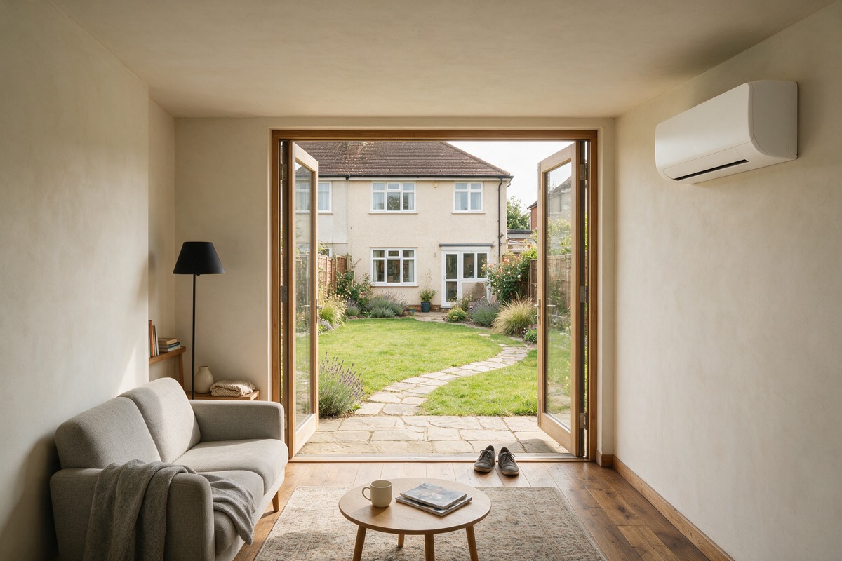 A garden room at the end of a garden, glazed along one side, with an air conditioning unit on the wall