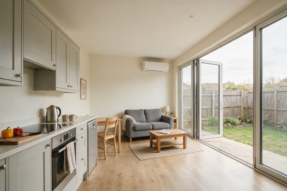 A kitchen and living room in everyday use
