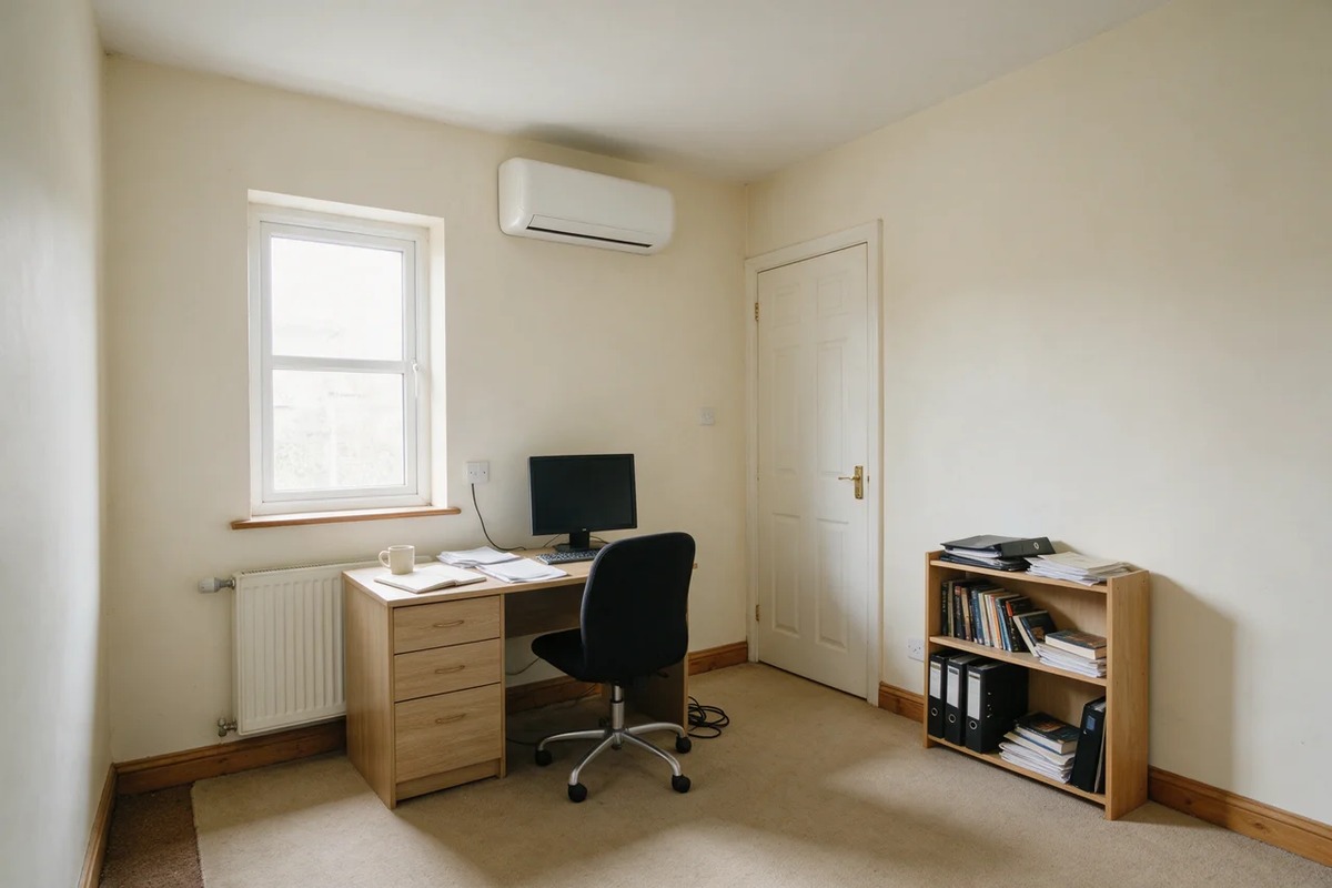 A home office in a converted spare room, a desk beside the window and an air conditioning unit on the wall