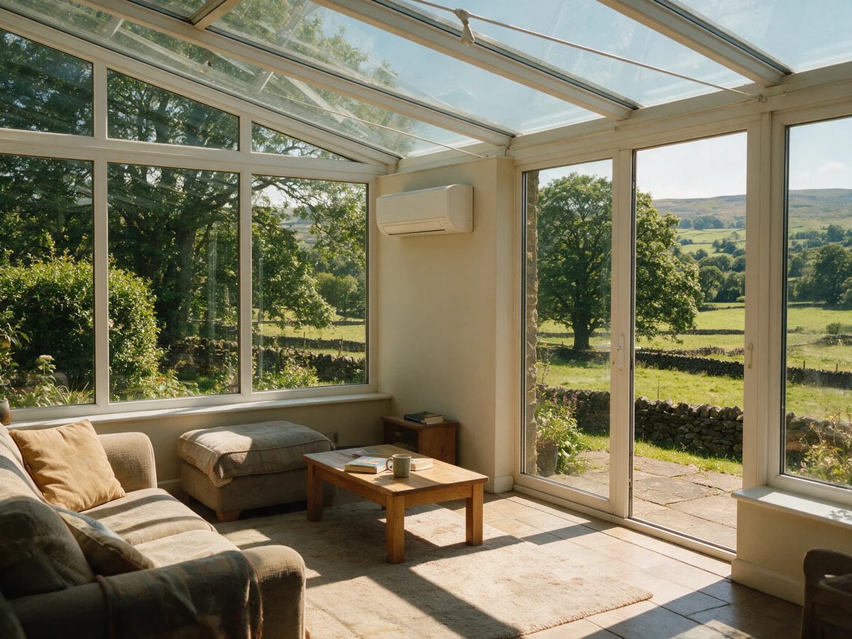 The same conservatory in summer, bright midday light through the glass