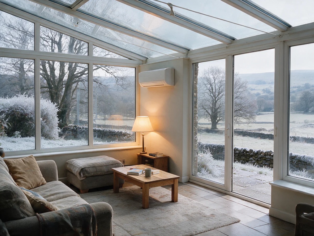 The same conservatory in winter, frost on the glass outside